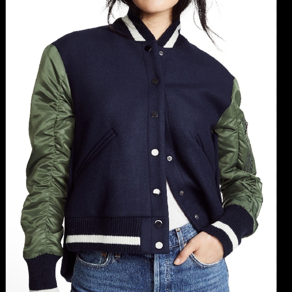 Veronica Beard  Joanie Gathered-Sleeve Snap-Front Varsity Jacket blue size XS